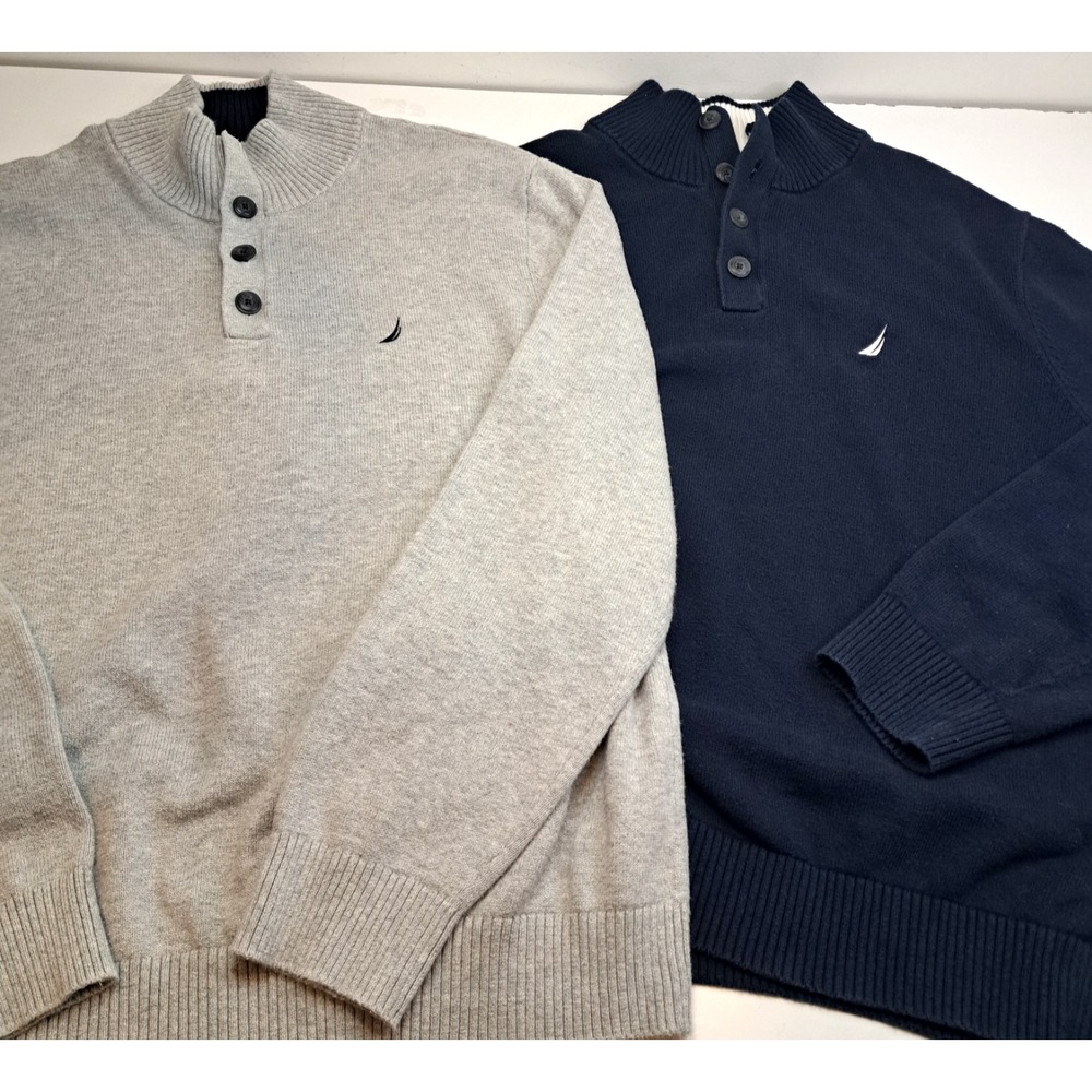 2 Nautica 1/4 Button Down Pullover Sweaters Mens L Embroidered Mock Neck Henley
